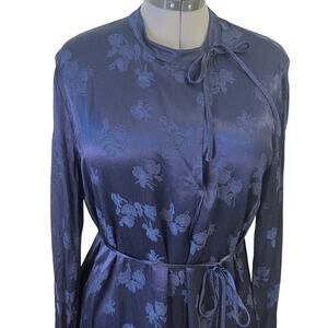 Vince Midnight Blue floral brocade high neck Long Sleeve midi Dress